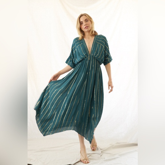 En Creme Sabrina Teak Lurex Kimono Maxi Dress - Size XL NWT - Picture 1 of 8